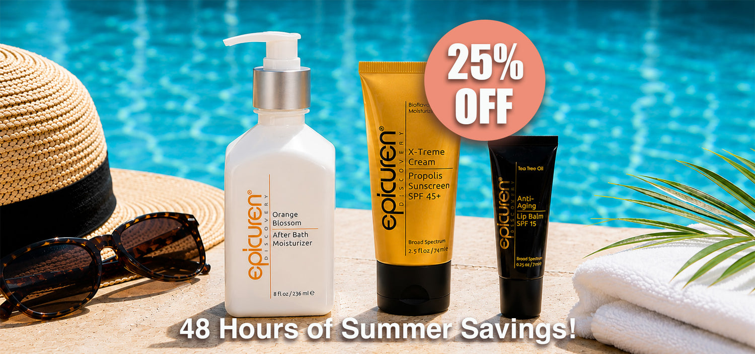 Epicuren products sitting on the edge of a pool in the sunshine. Text that says 25% Off 48 hours of Summer Savings