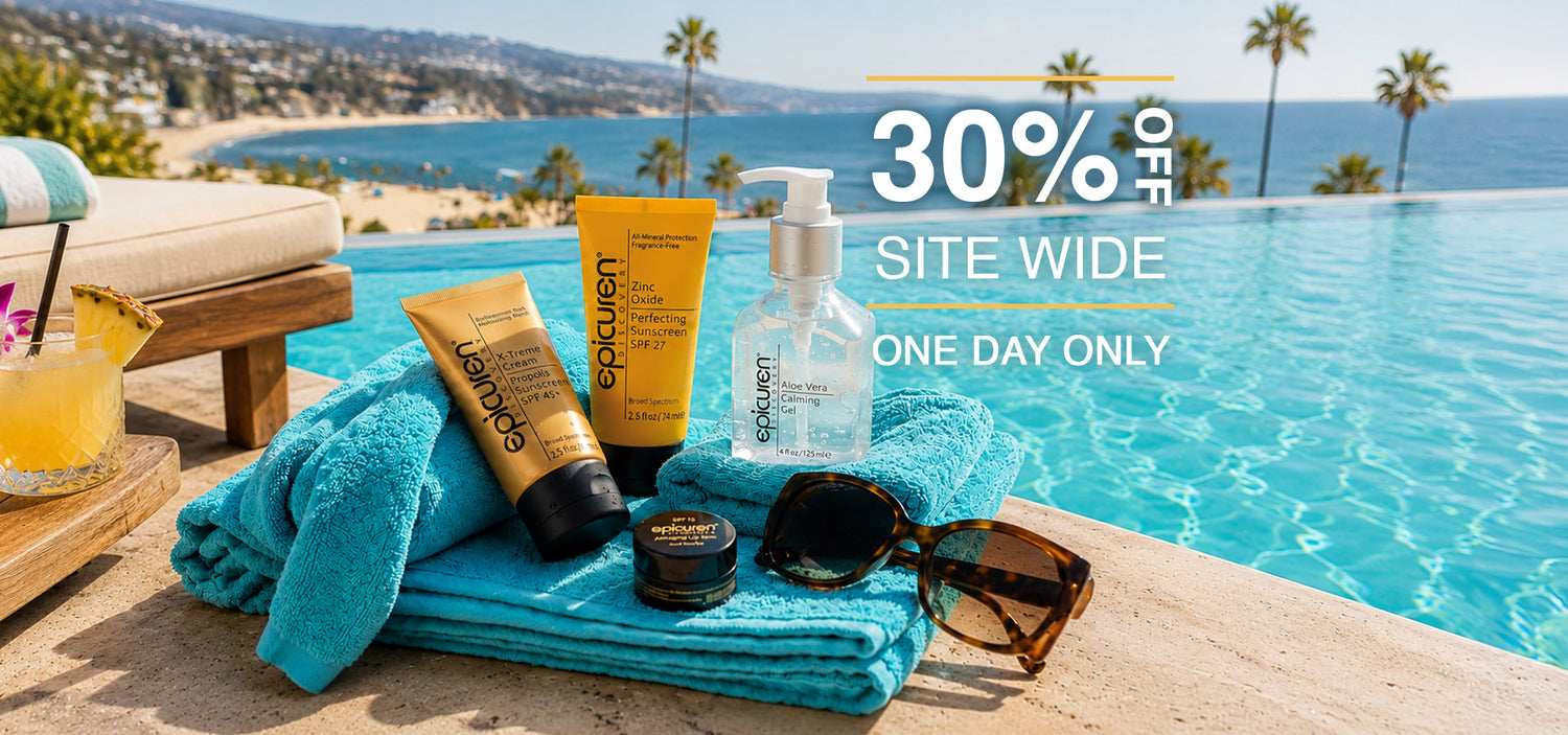A promotional outdoor poolside scene showing skincare products arranged on folded turquoise towels, with sunglasses, a small jar, a pump bottle, and tubes beside a beach and ocean background. Large overlaid text reads '30% OFF SITE WIDE ONE DAY ONLY'.