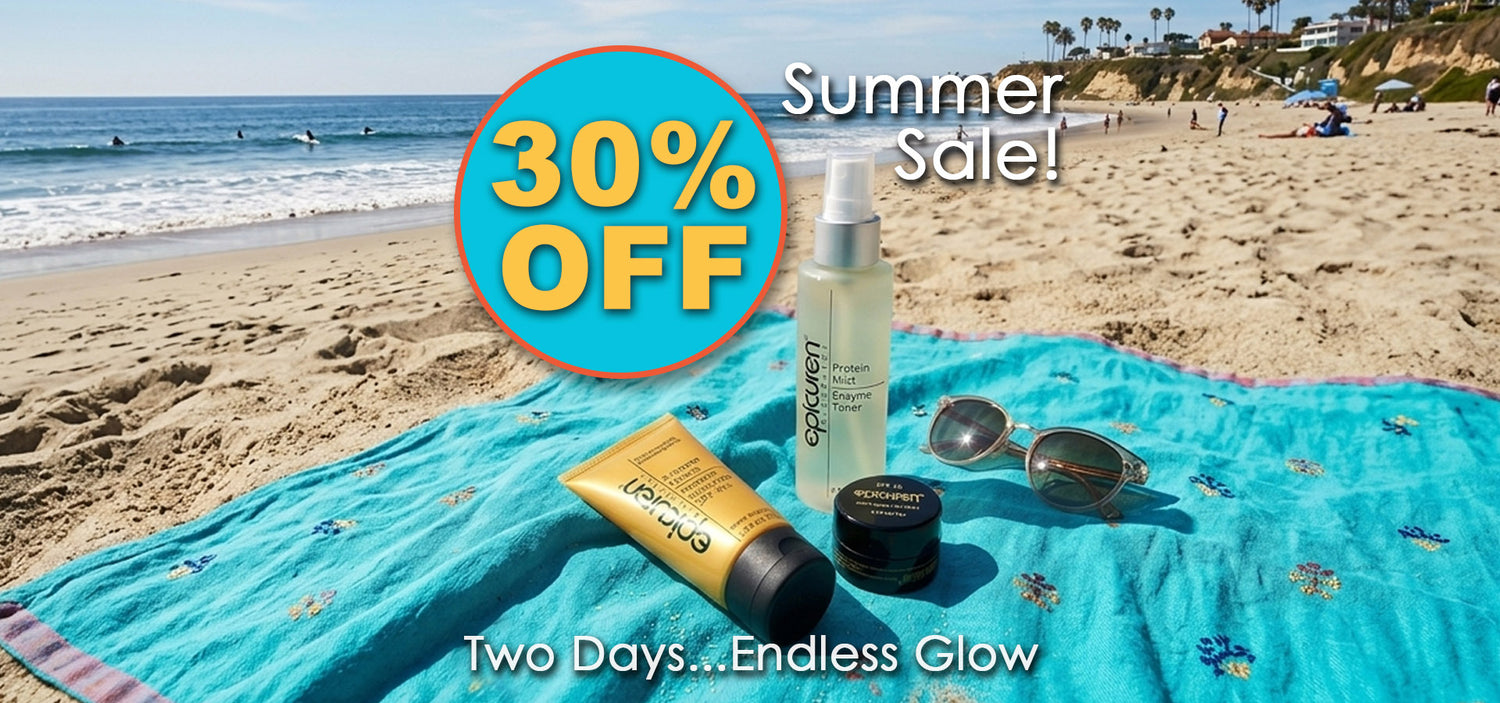 Sunscreen products on a beach towel with a '30% Off' sale banner.