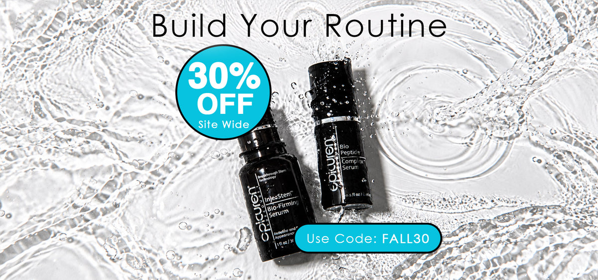 Two bottles in water with text that says Build Your Routine 30% Off Use Code FALL30