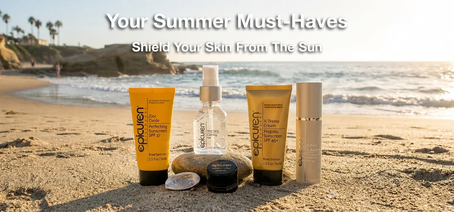 Sunscreen products on a beach with text about summer must-haves and sun protection.