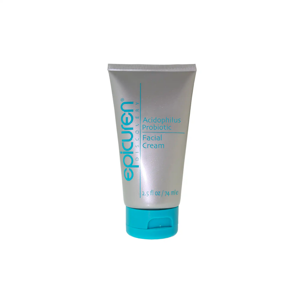 Tube of Acidophilus Probiotic Facial Cream by Epicuren, with blue and white color scheme.