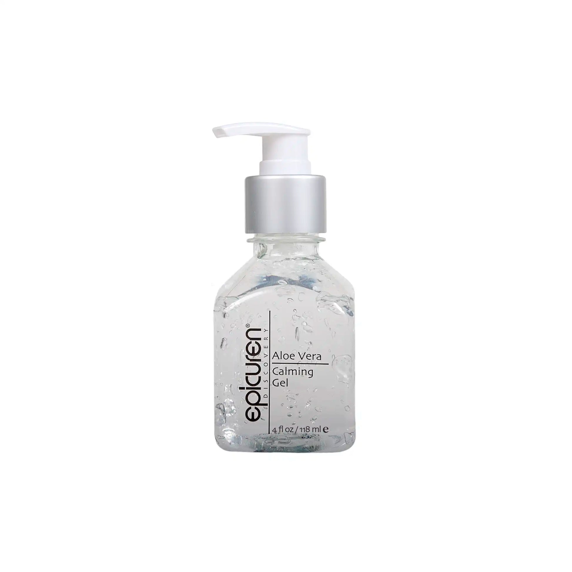 A bottle of Epicuren Aloe Vera Calming Gel with a pump dispenser, containing 4 fl oz of clear gel, isolated on a white background.