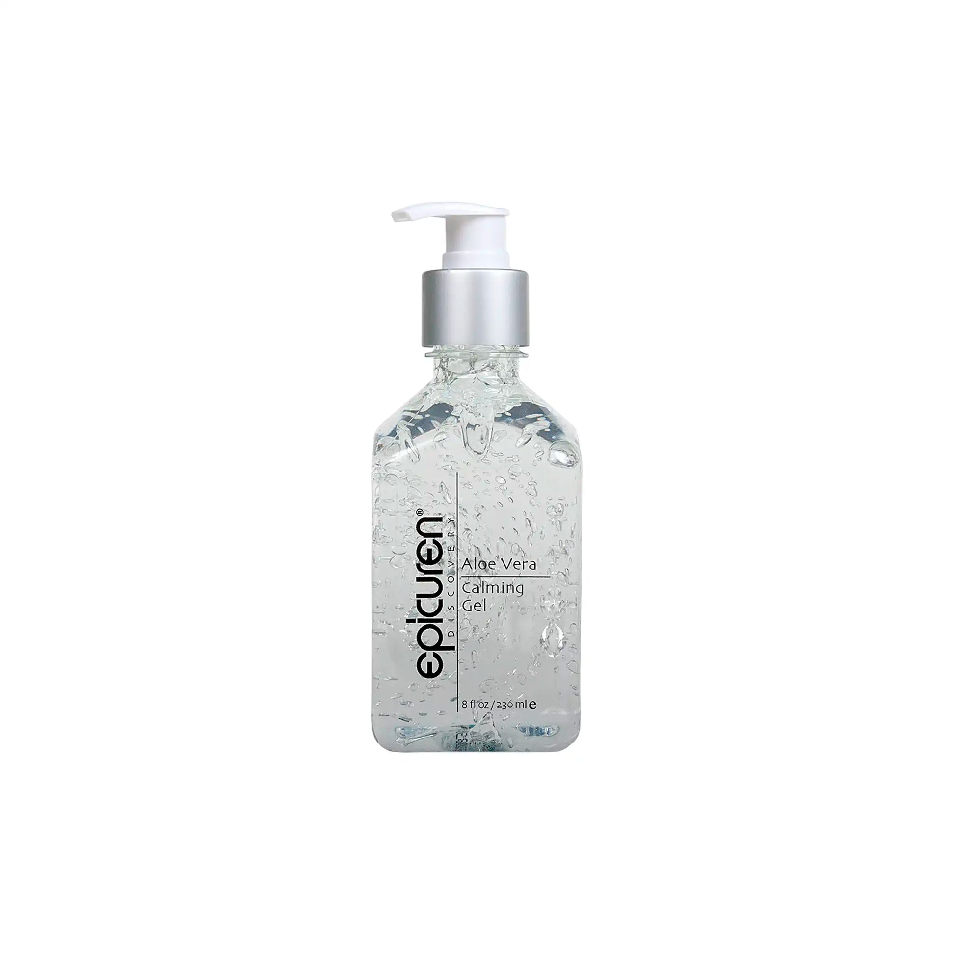 A bottle of Epicuren Aloe Vera Calming Gel with a pump dispenser, containing 8 fl oz of clear gel, isolated on a white background.