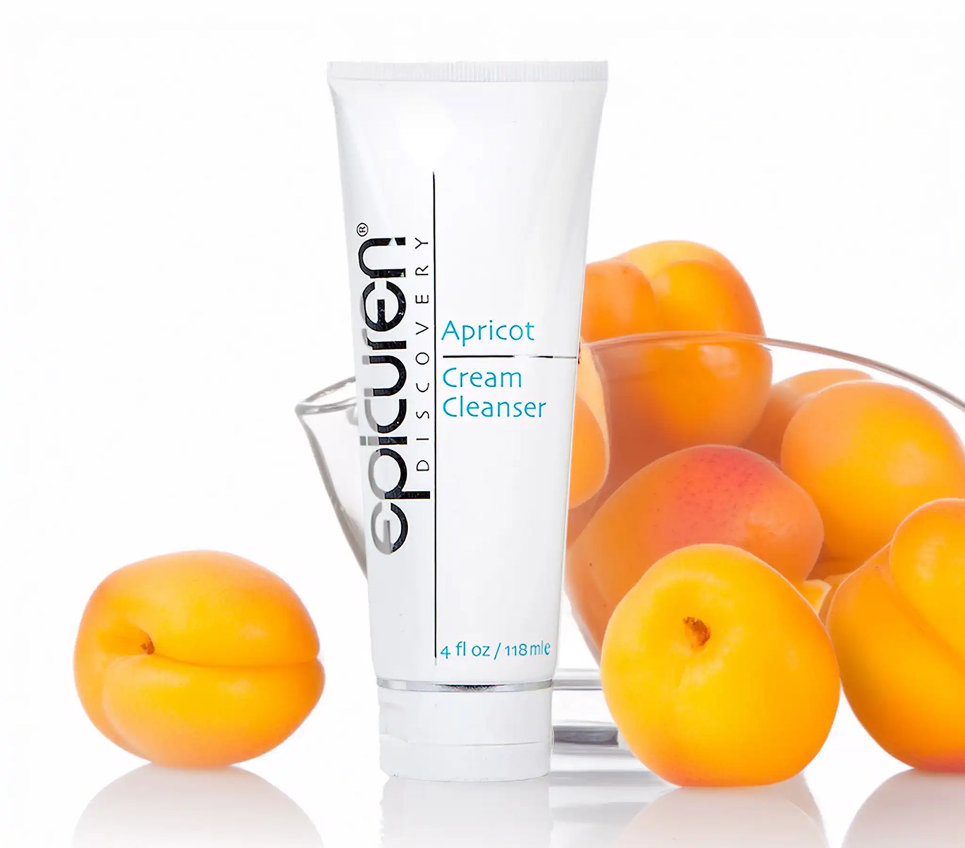 Tube of epicuren Apricot Cream Cleanser with apricots on a white background
