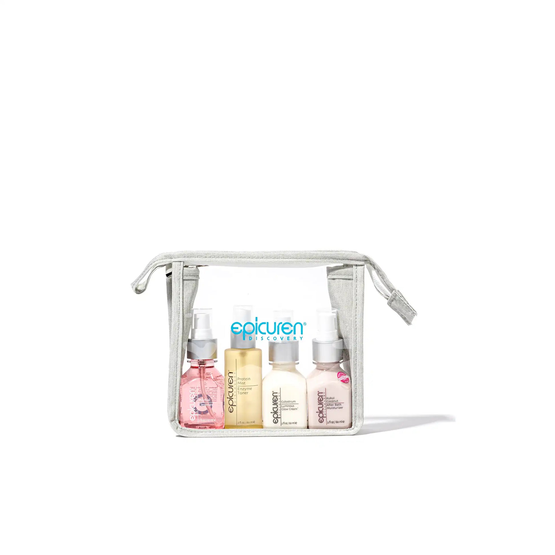 A clear travel toiletry bag with four skincare products labeled 'epicuren'
