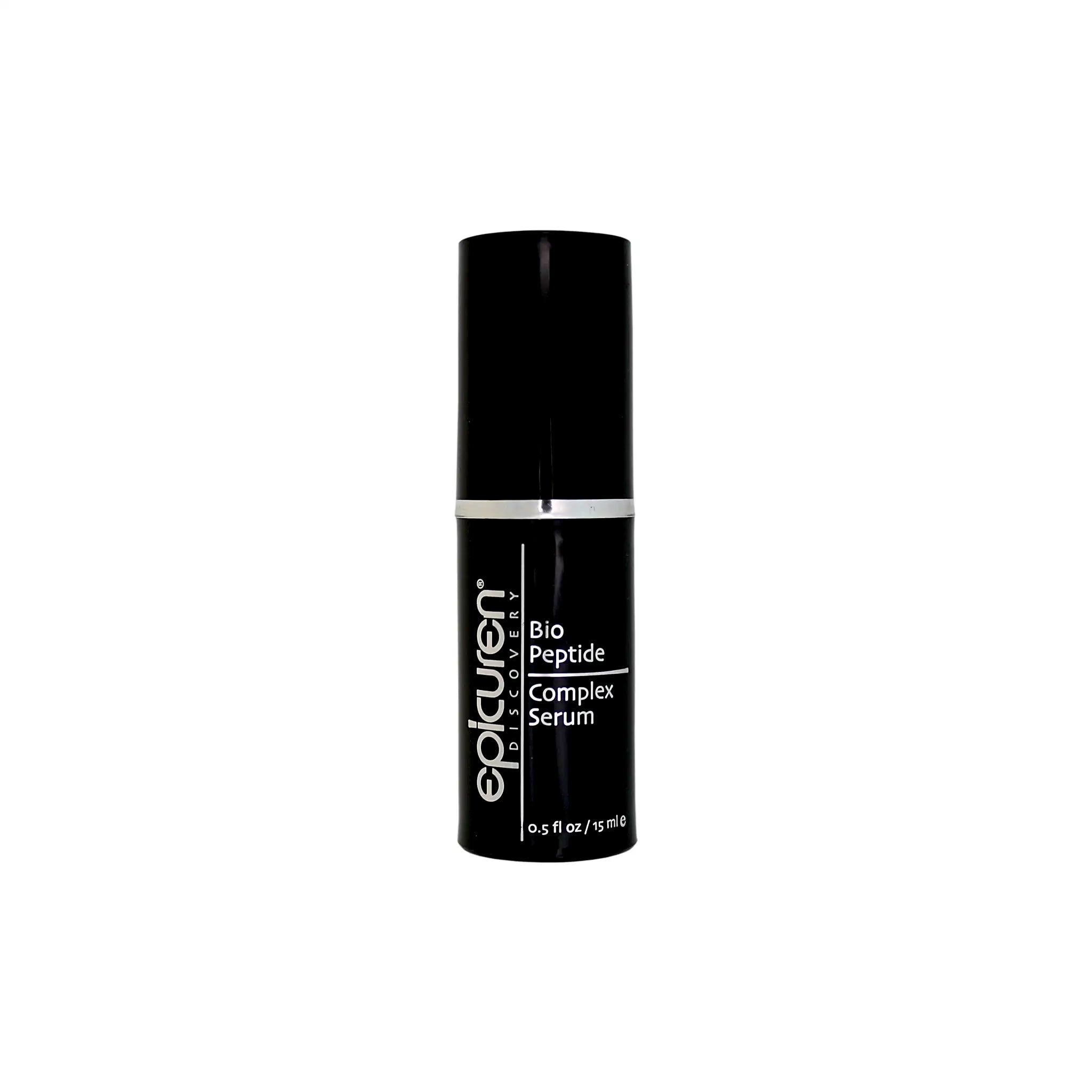 Black serum bottle labeled 'epicuren' on a white background