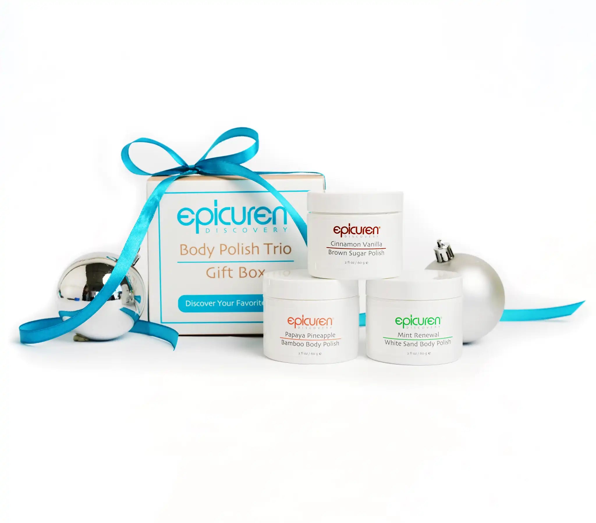 Epicuren Body Polish Trio gift set with two jars and a box on a white background