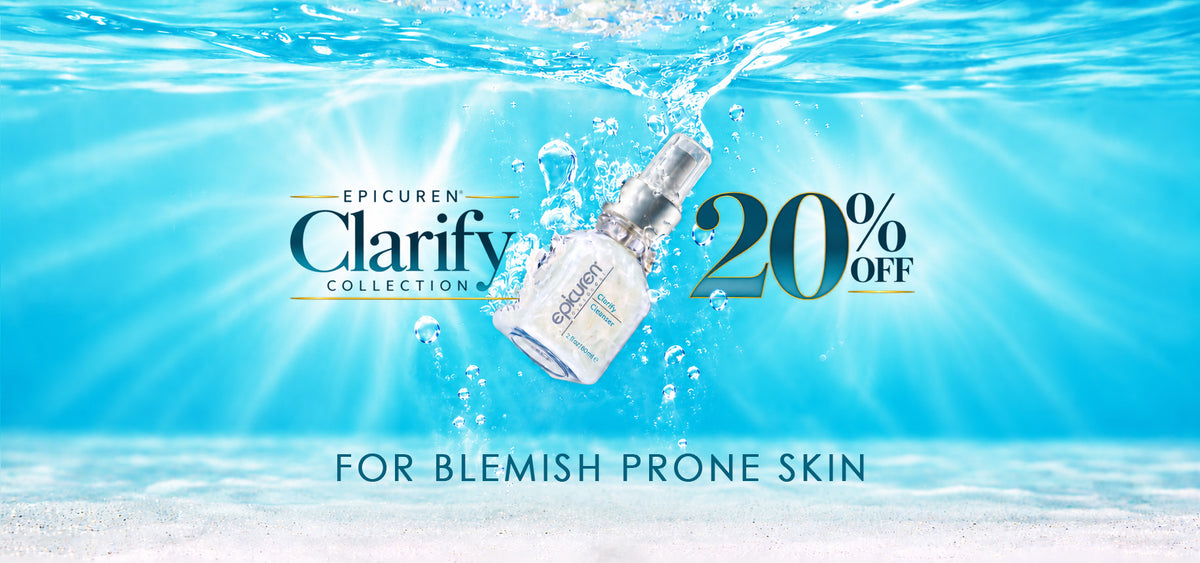 Bottle of Clarify Cleanser in water promo says 20% Off Epicuren Clarify Collection  For Blemish Prone Skin