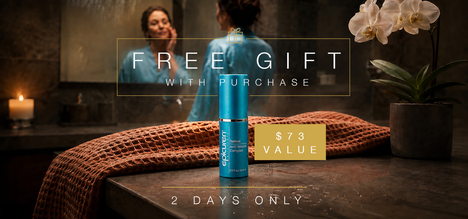 Retinol on a bathroom counter top and text that says FREE GIFT with Purchase $73 value