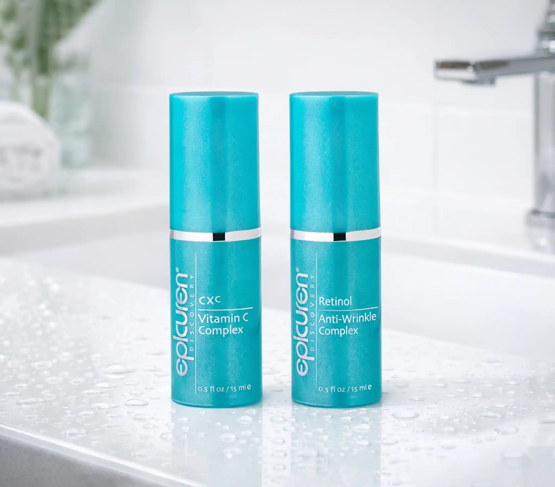 Two bottles of epicuren skincare products, Epicuren Prevention & Correction Duo, on a reflective surface with a blurred background.