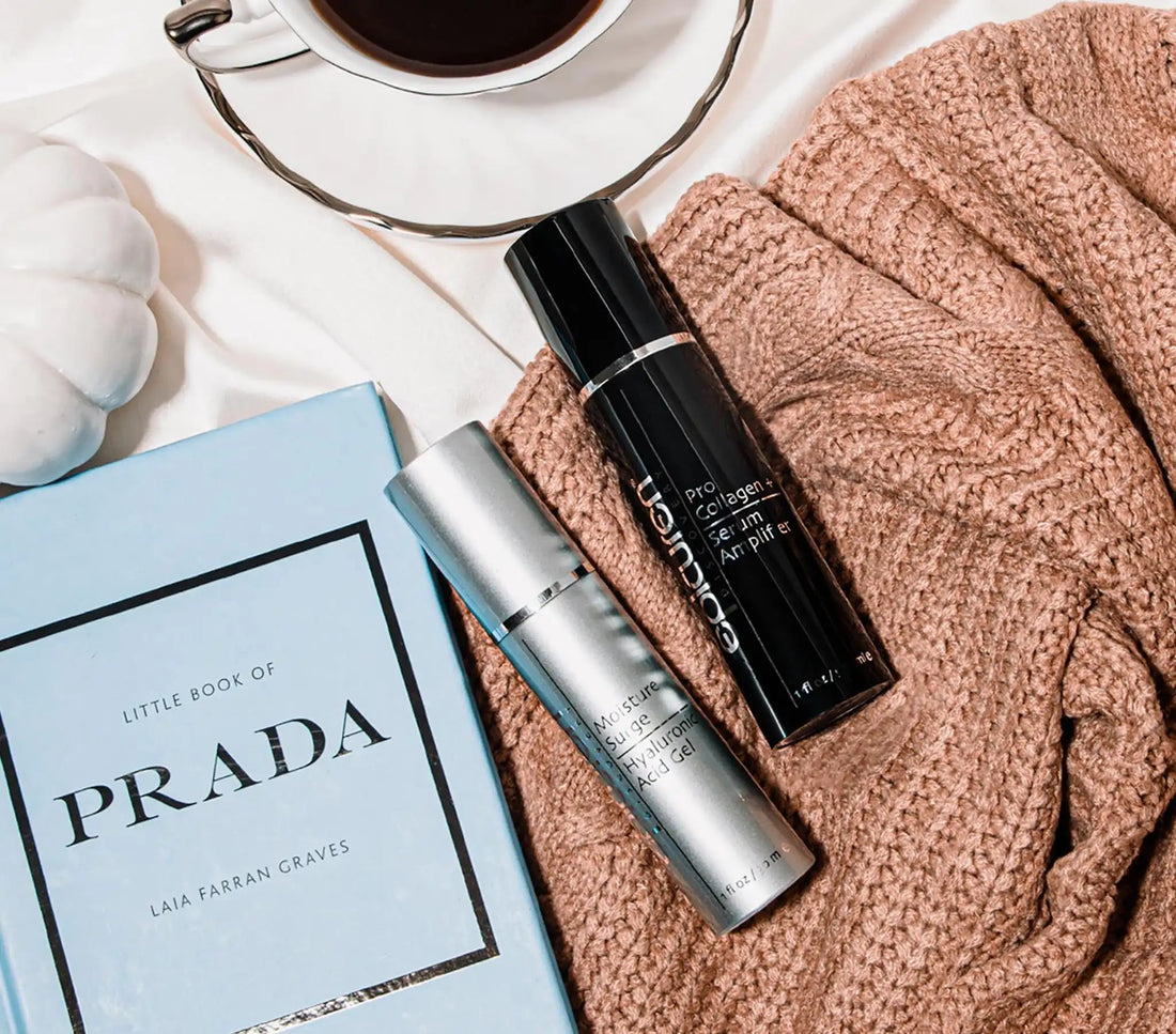 Epicuren Quench Duo on a textured surface with a Prada book and a cup of coffee in the background.