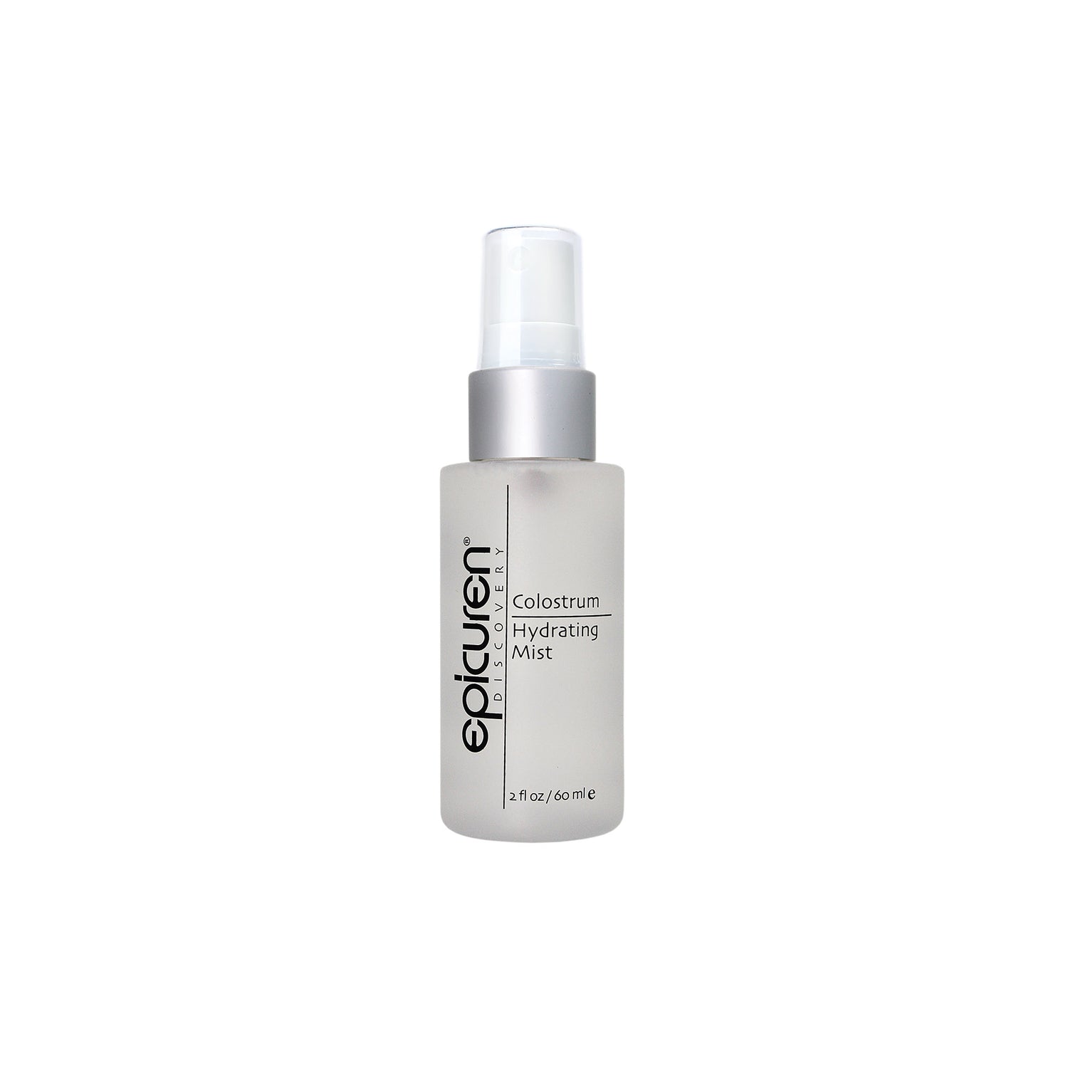 A spray bottle labeled 'Epicuren Colostrum Hydrating Mist' designed for skin hydration and refreshment.