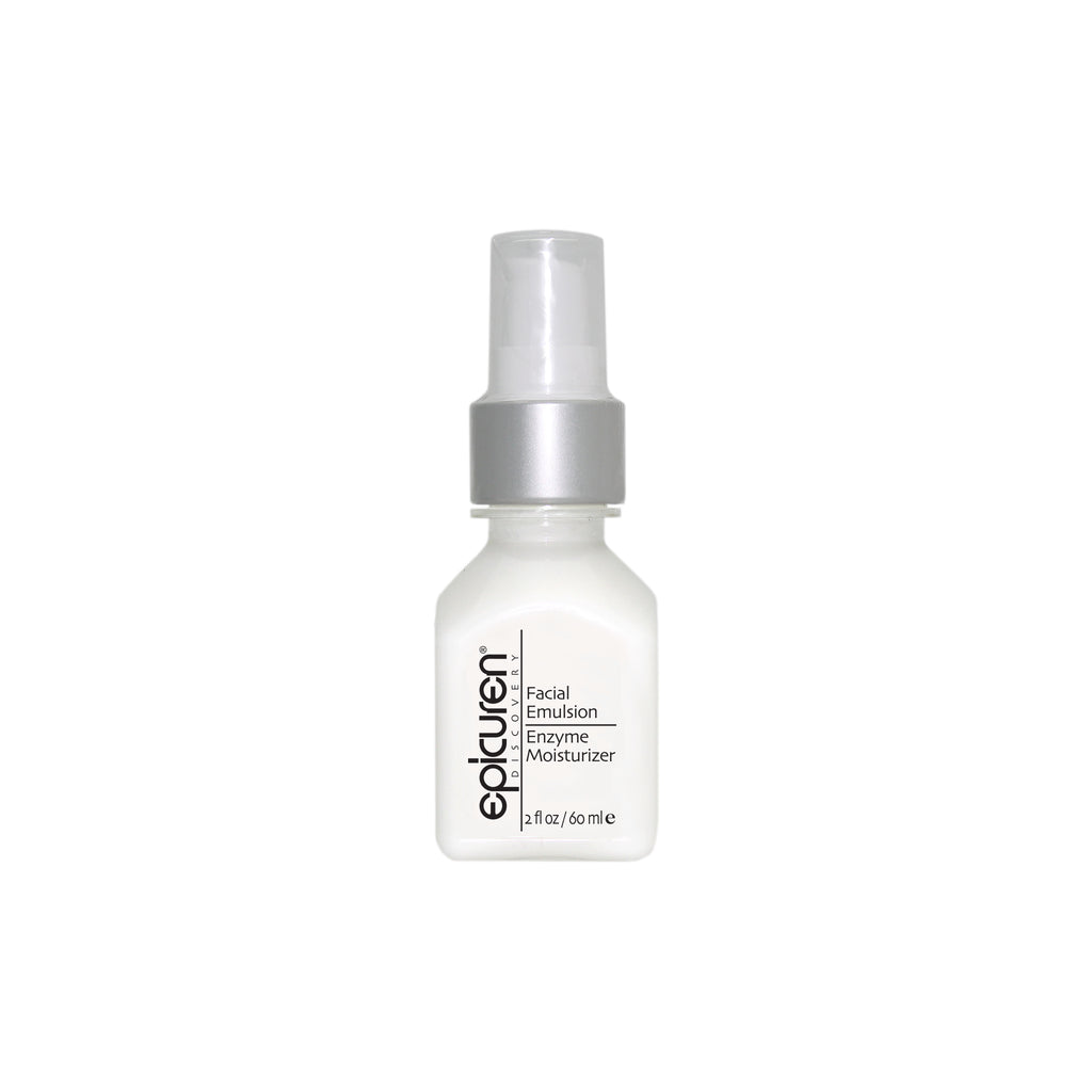 A white pump bottle labeled Epicuren Facial Emulsion Enzyme Moisturizer