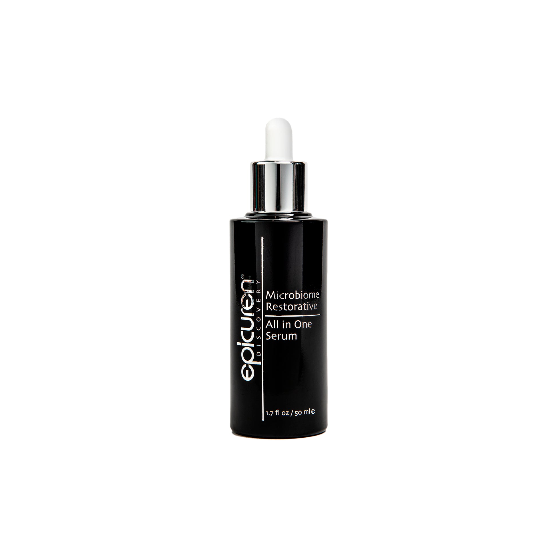 A black bottle with a white dropper labeled 'Epicuren Microbiome Restorative All In One Serum'.