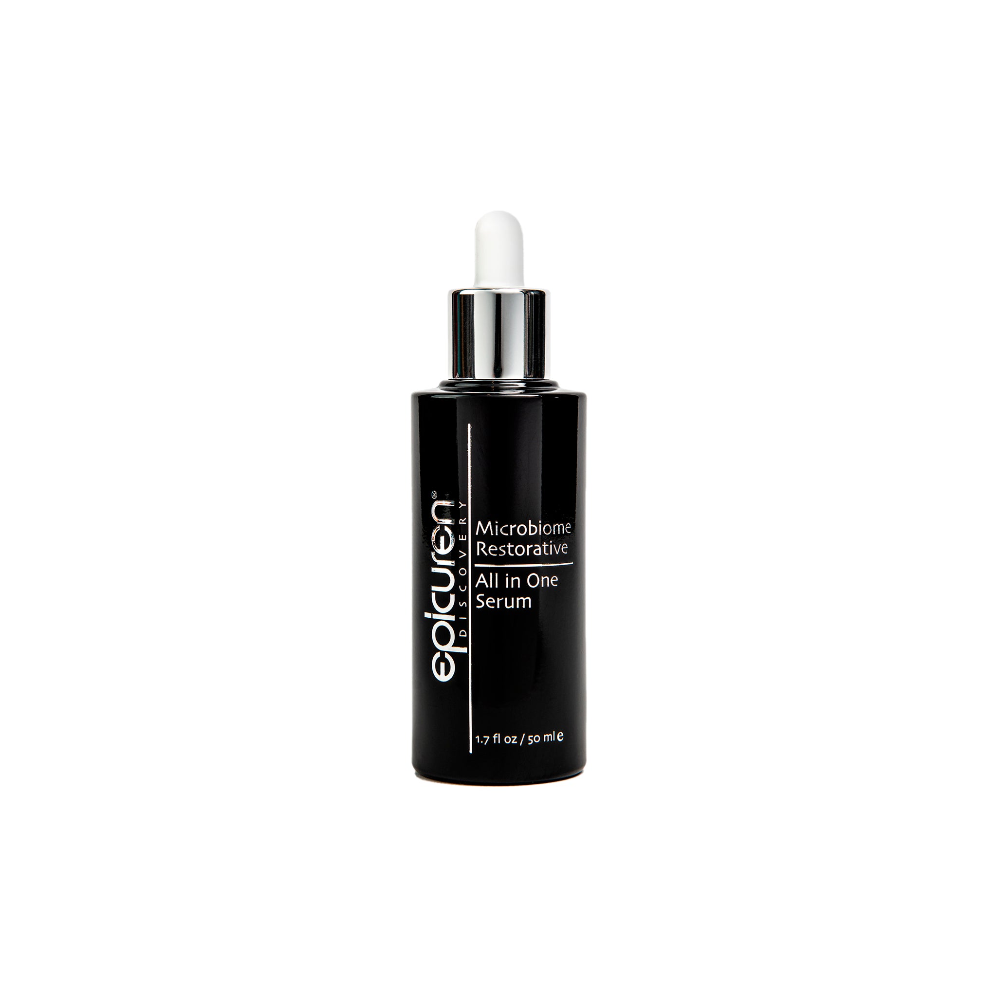 A black bottle with a white dropper labeled 'Epicuren Microbiome Restorative All In One Serum'.