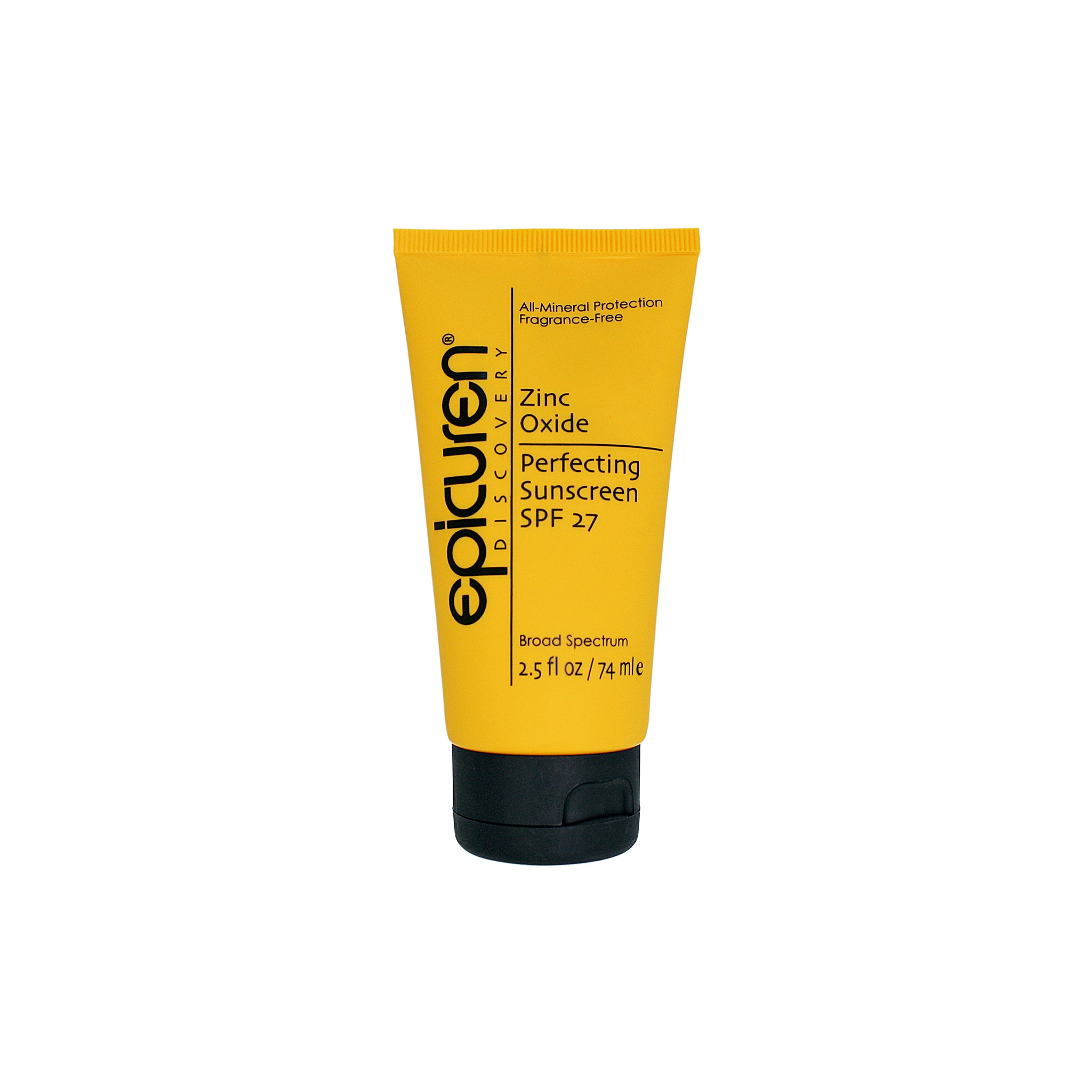 A yellow and black tube of Zinc Oxide Perfecting Sunscreen SPF 27. 